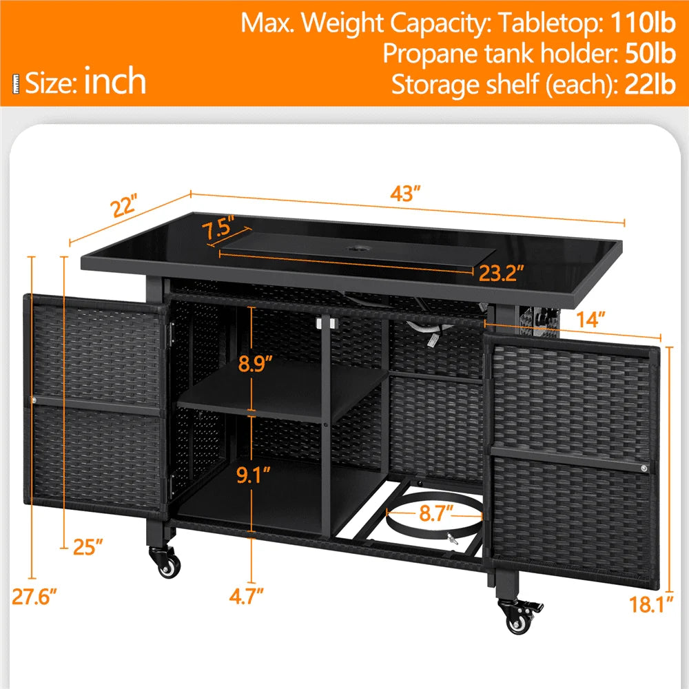 Topeakmart 43" Propane Firepit Table 50,000 BTU Glass Top Gas Fire Pit with Interchangeable Wheels & Feet, Black