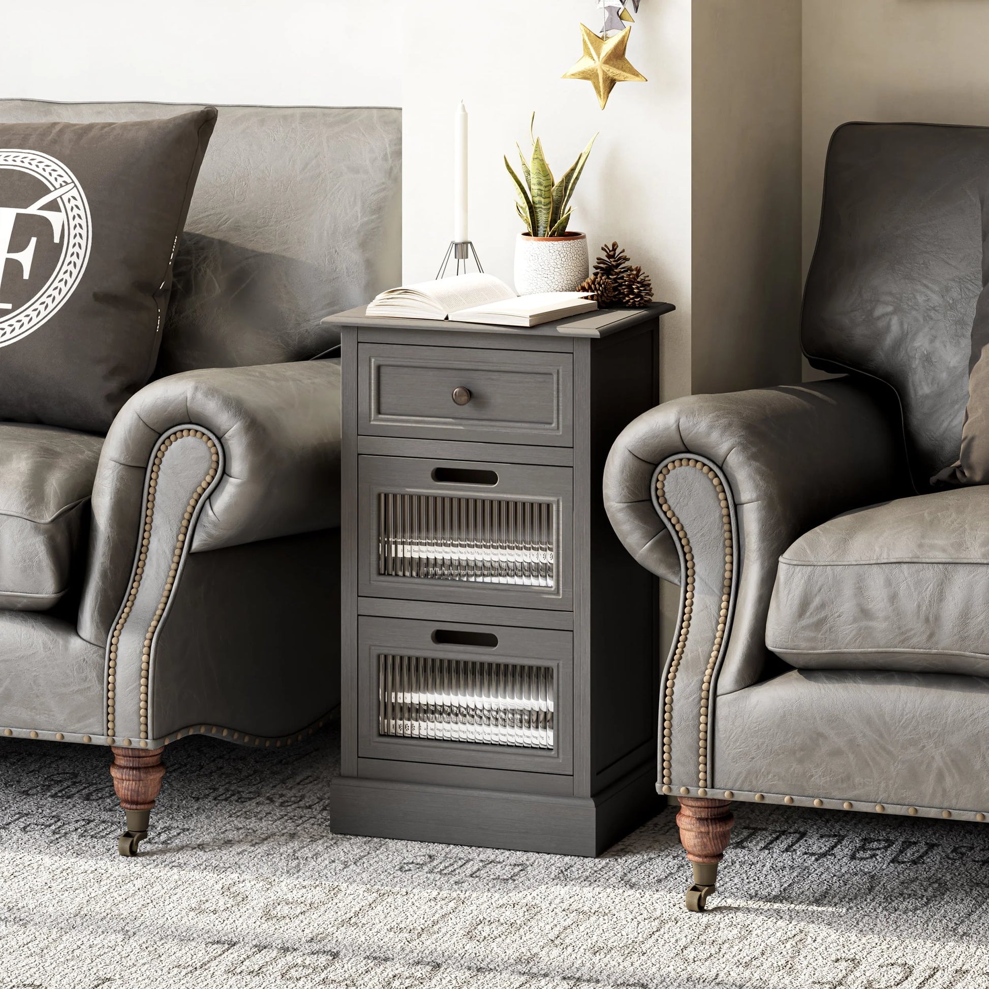 COZAYH Mid Century Modern Nightstand, Fully Assembled Nightstand with 3 Reeded Glass Front Drawers, Distressed Gray Nightstand with Antique Brass Knob and Metal Glide, 27.5°?Tall