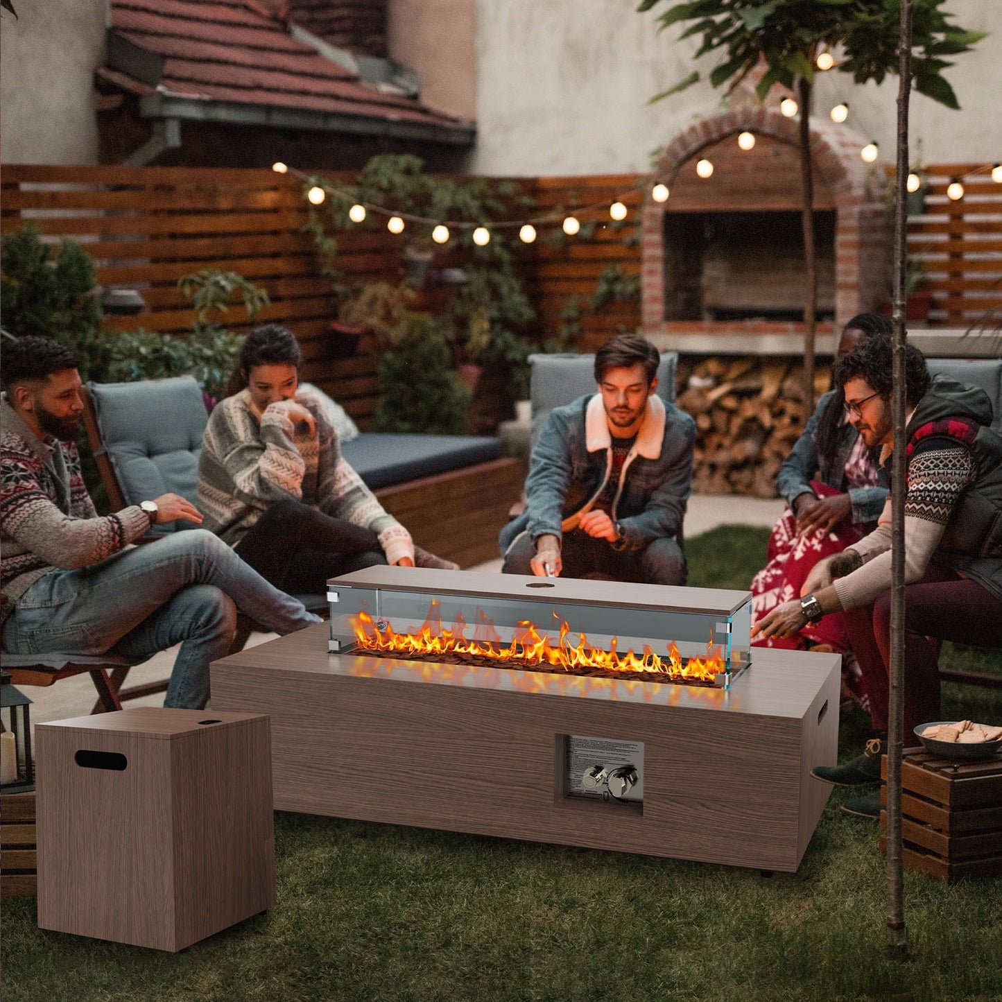 WFUN 43" Outdoor Propane Fire Pit Table with Glass Wind Guard & Cover for Garden, Pool, Backyard, CSA certification, Brown