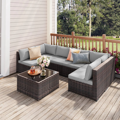 7 Pieces Outdoor Patio Furniture Set, Lofka PE Rattan Sectional Sofa with Tempered Glass Coffee Table & All-Weather Cushions, Patio Conversation Set for Garden, Poolside (Grey)