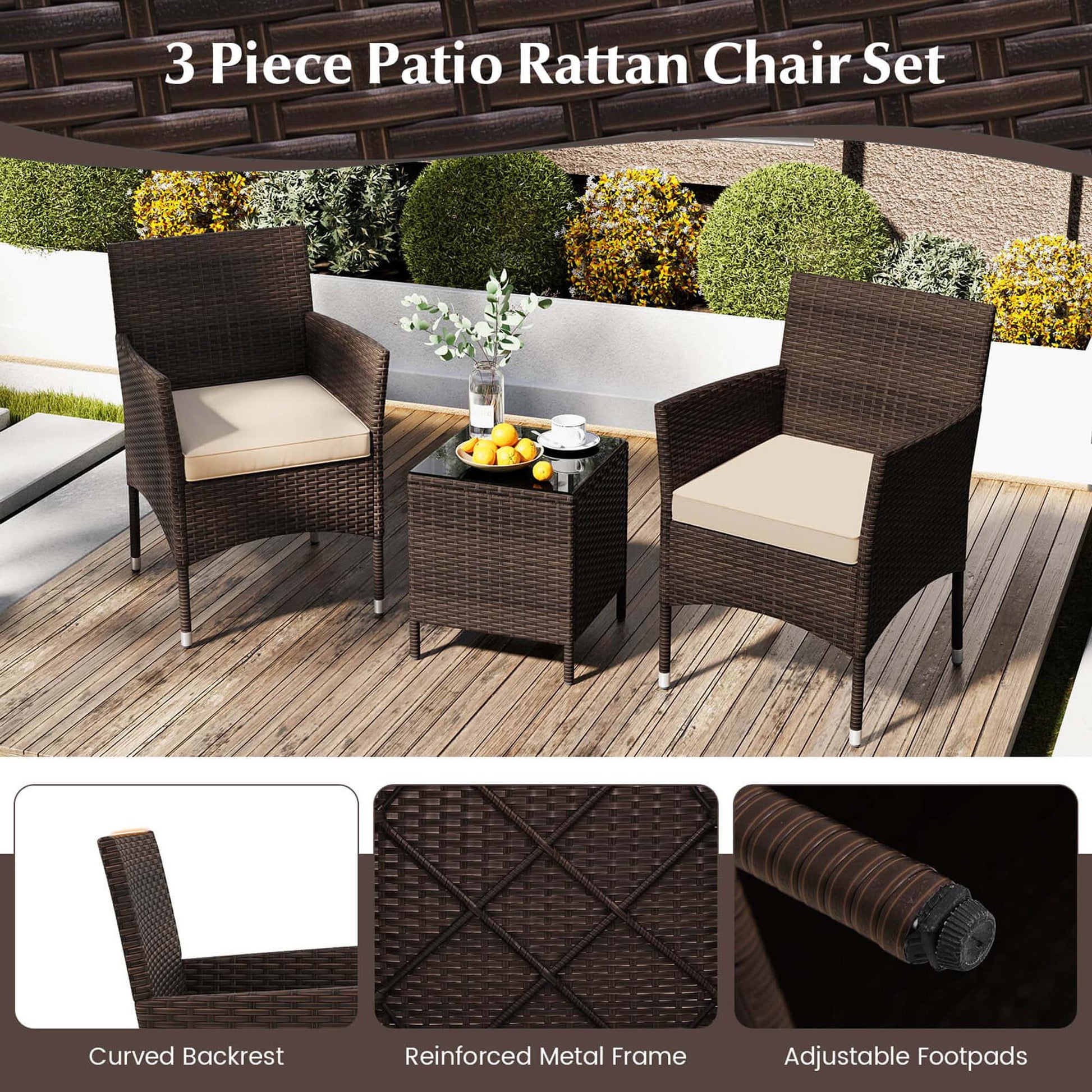 Costway 3 PCS Outdoor Conversation Set with Cushioned Seat & Tempered Glass Tabletop Beige