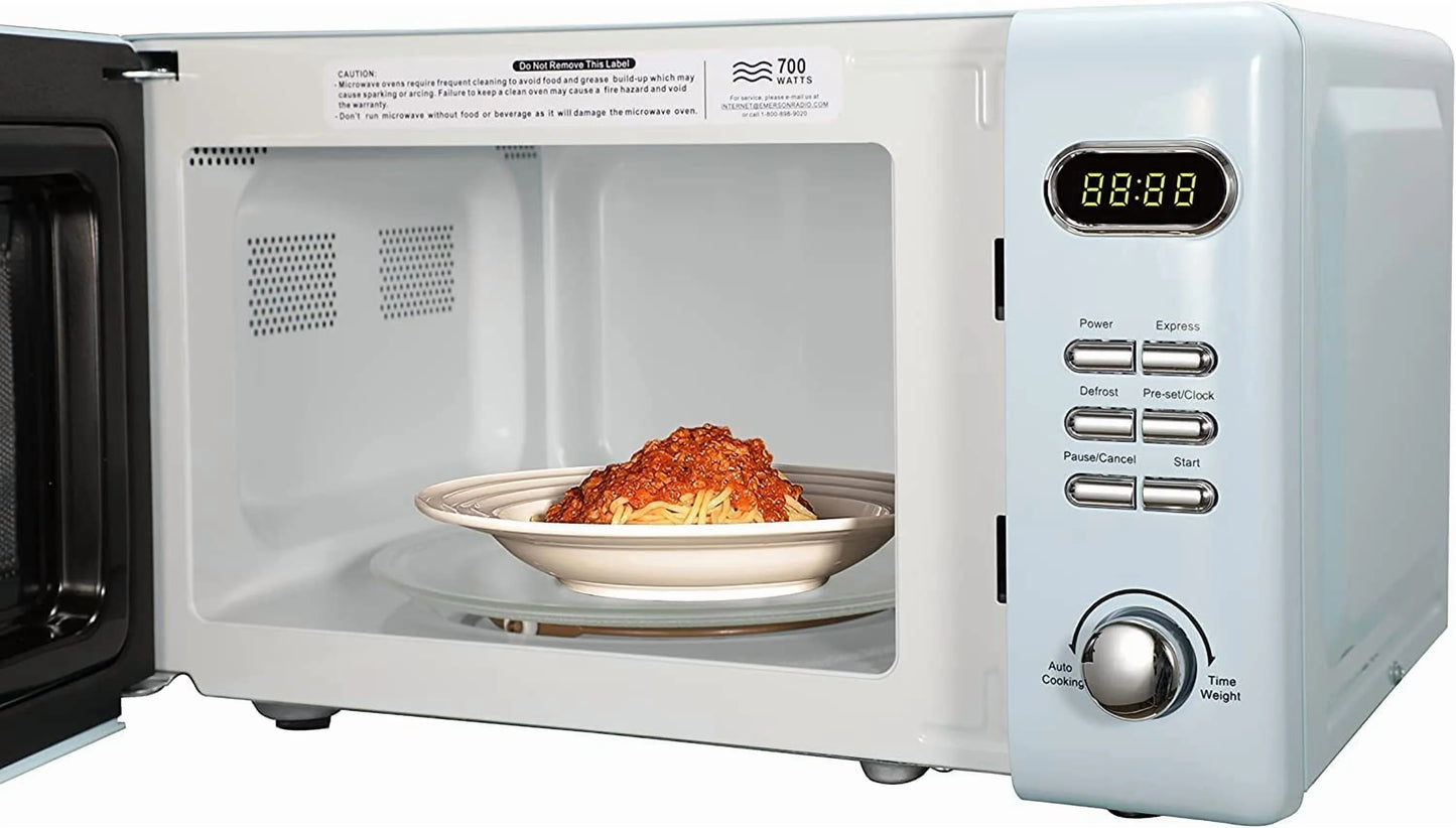 Countertop Microwave Oven with Push Button Control, LED Display, 700W 5 Power Levels, 8 Auto Menus, Glass Turntable and Child Safety Lock, 0.7-inchThunderbird Blue