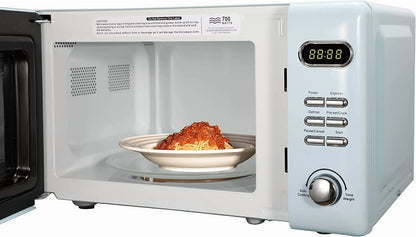 Countertop Microwave Oven with Push Button Control, LED Display, 700W 5 Power Levels, 8 Auto Menus, Glass Turntable and Child Safety Lock, 0.7-inchThunderbird Blue