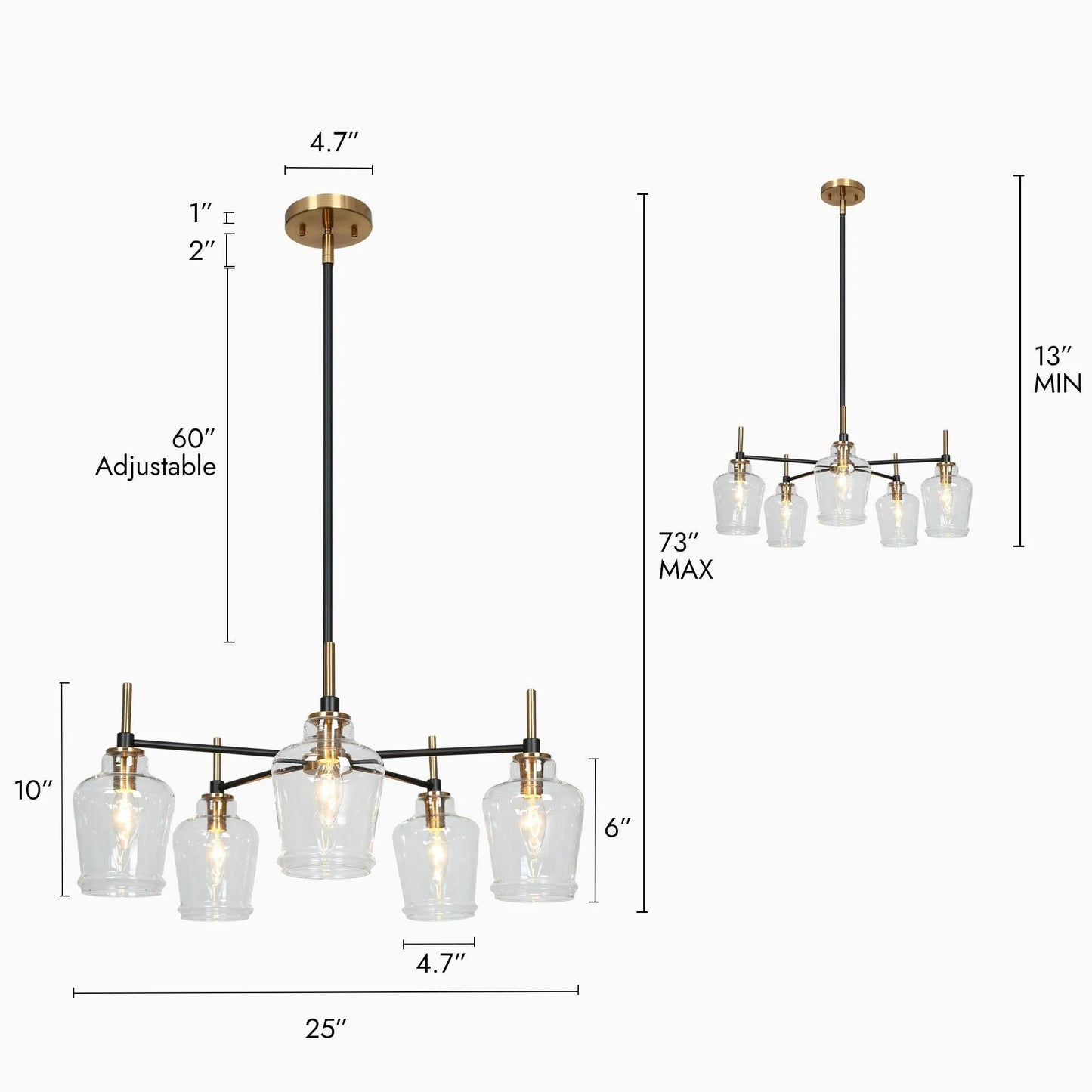 Savonnerie Modern 5-Light Black Gold Wagon Wheel Chandeliers Glass Pendant Light for Kitchen Dining Room 5 5-Light - 25"D 25 to 36 Inches