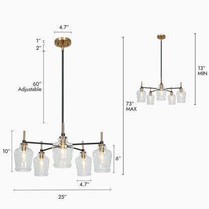 Savonnerie Modern 5-Light Black Gold Wagon Wheel Chandeliers Glass Pendant Light for Kitchen Dining Room 5 5-Light - 25"D 25 to 36 Inches