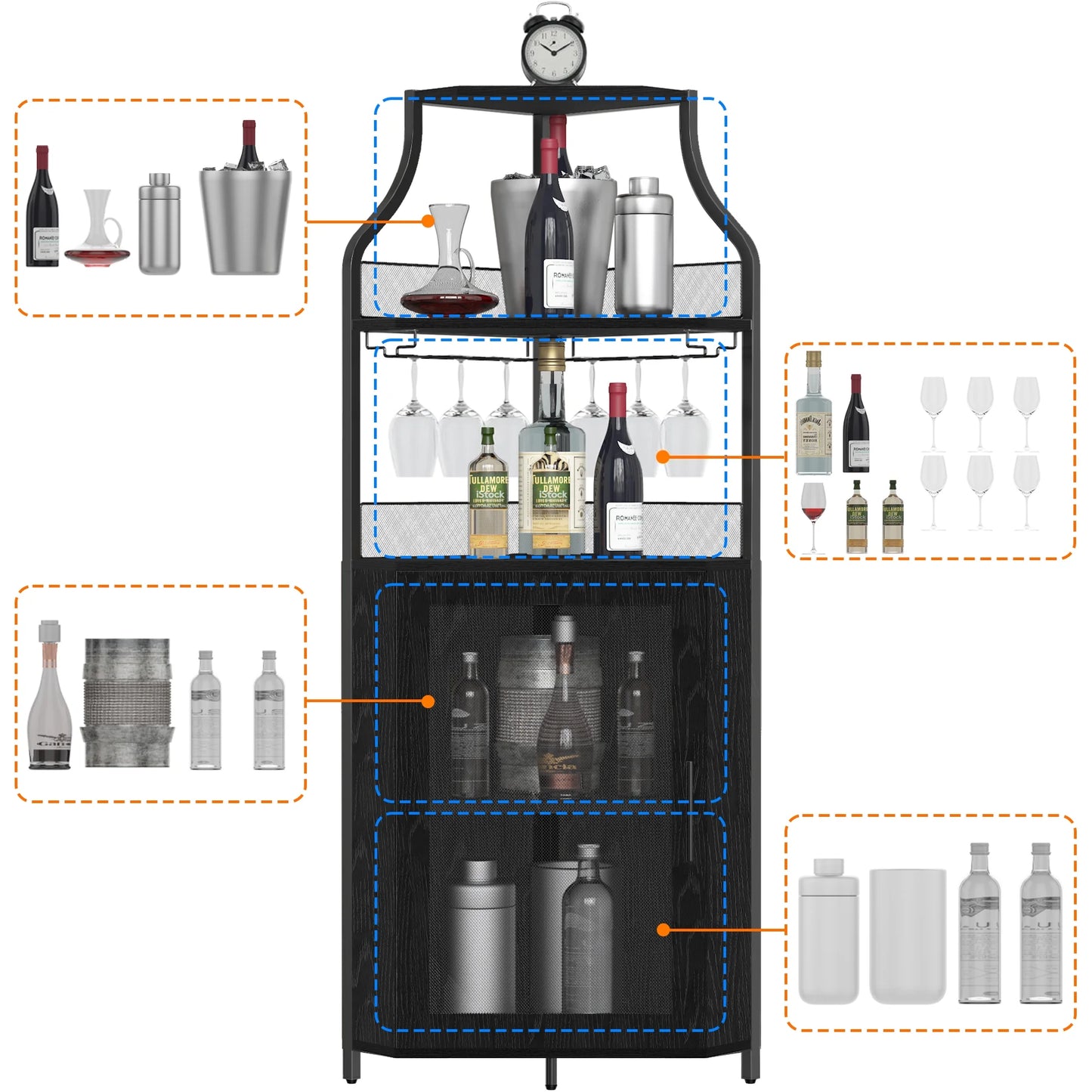 COZONY 5-Tier Retro-Styled Corner Bar Cabinet with Wine Rack, Glass Holder, and Storage Shelves, 60.6"H