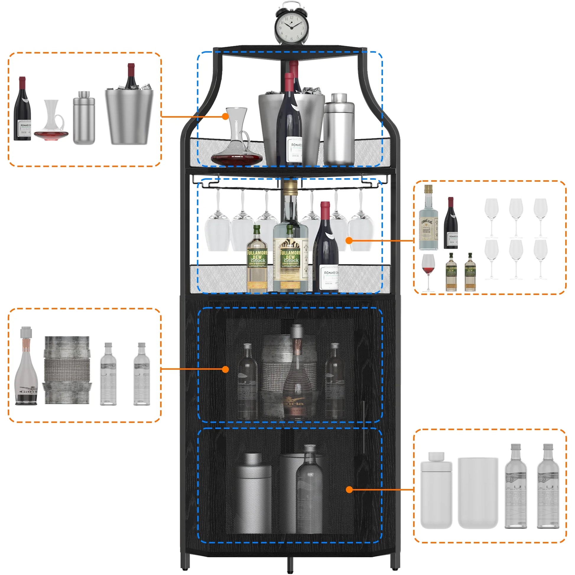 COZONY 5-Tier Retro-Styled Corner Bar Cabinet with Wine Rack, Glass Holder, and Storage Shelves, 60.6"H