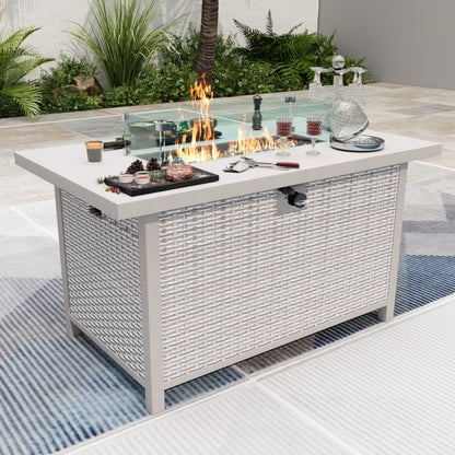 Wallowsun Outdoor Metal Fire Pit Table,40.5-inch Rectangle Red Brown Fire Pit Outdoor Companion,60000 BTU Auto-Ignition w Glass Wind Guard,Internal 20lb Propane Tank, Dust Cover