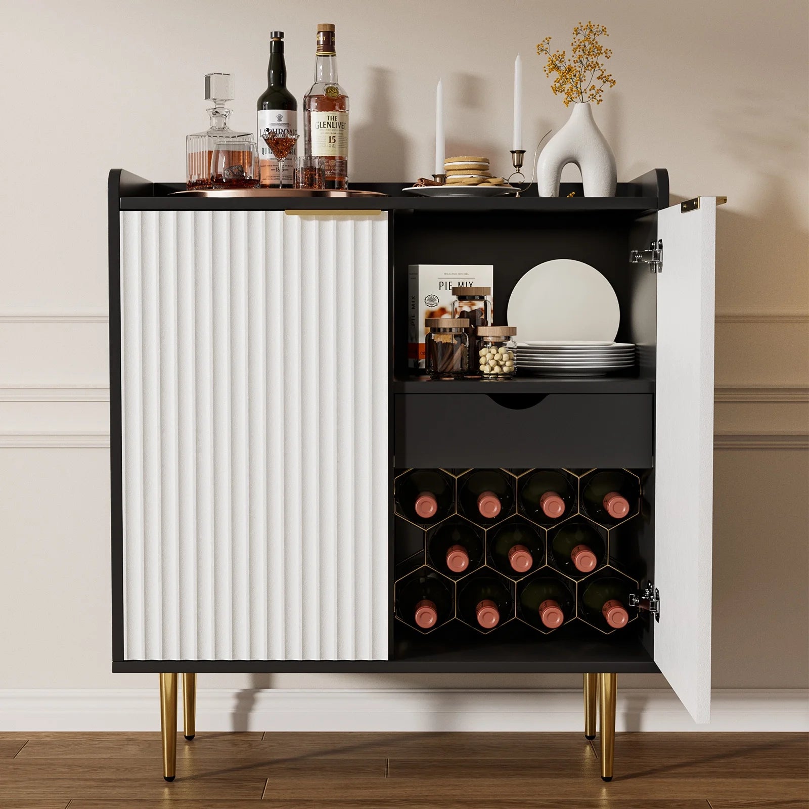 ERYTLLY Coffee Bar Cabinet with Wine Rack & Glass Holder, Kitchen Sideboard Buffet Cabinet with Storage,Wine Bar Cabinet with Fluted Doors for Living Room Dining, White