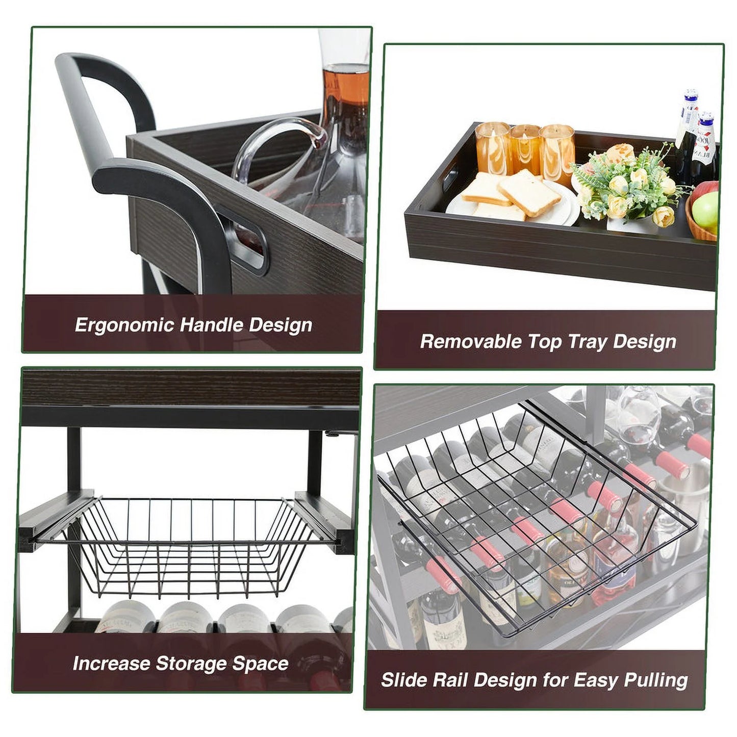 Utopia Alley KF03BZ 3 Tier Kitchen Island Cart on Lockable Wheels with Wine Rack, Glass Holder & Handle for Home