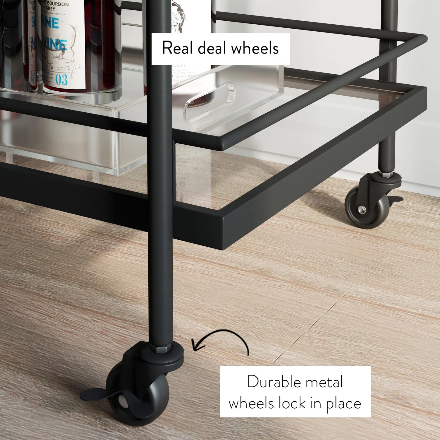 Nathan James Sally 2-Tiered Black Metal Frame Glass Rolling Bar Cart and Tea or Cocktail Cart