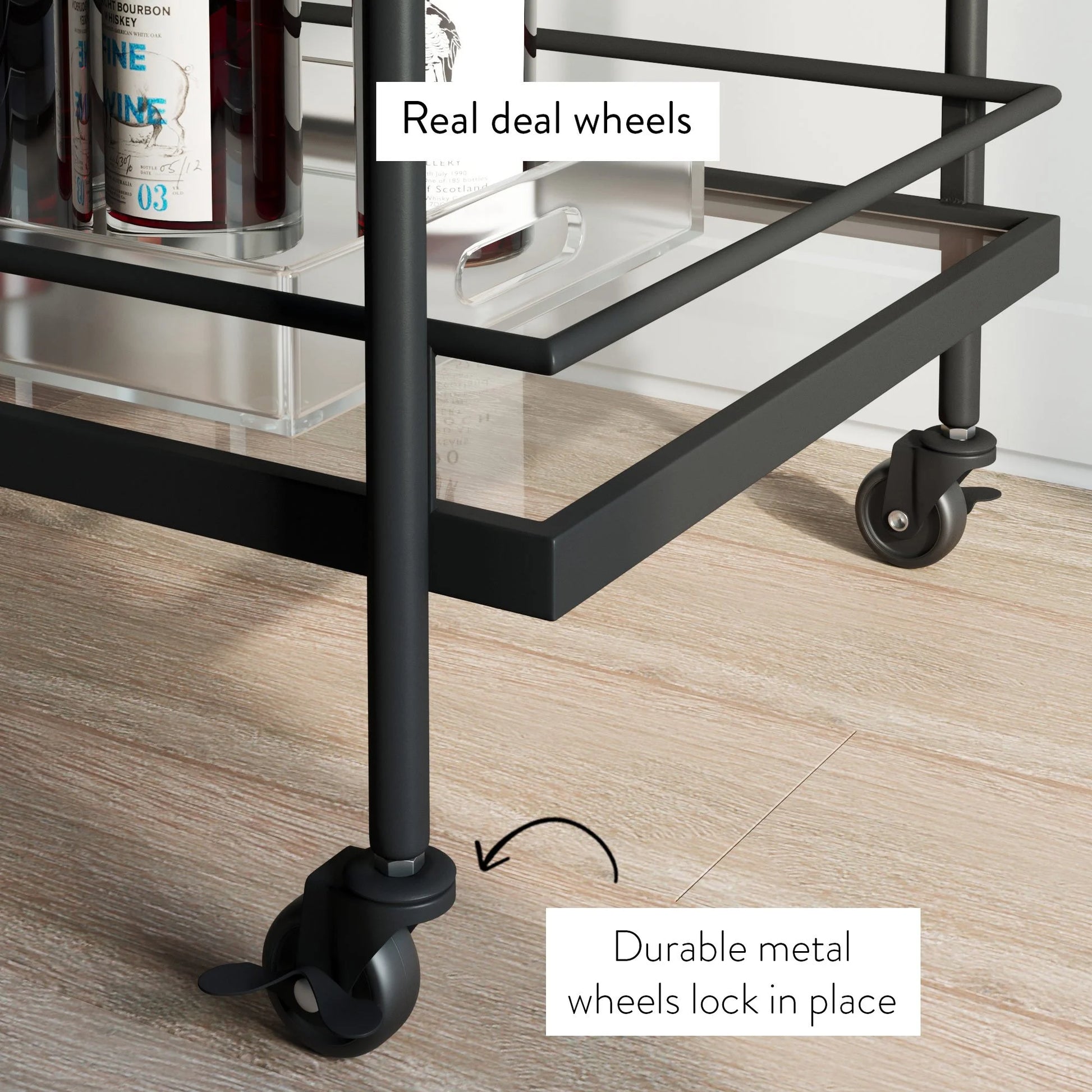 Nathan James Sally 2-Tiered Black Metal Frame Glass Rolling Bar Cart and Tea or Cocktail Cart