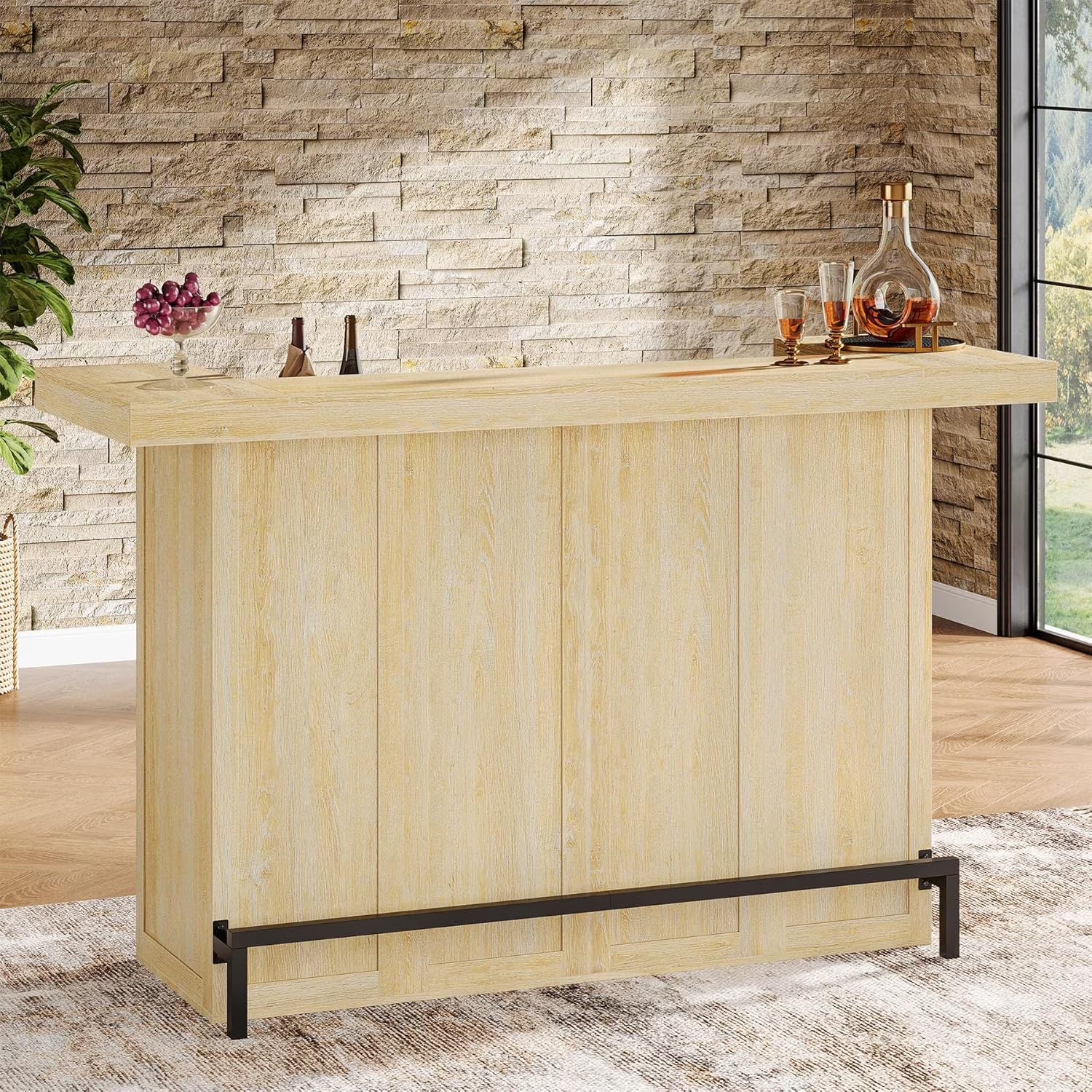 4-Tier Bar Table, 70.9-Inch Large Modern Home Bar Cabinet with Wine Glass Holder and Black Footrest