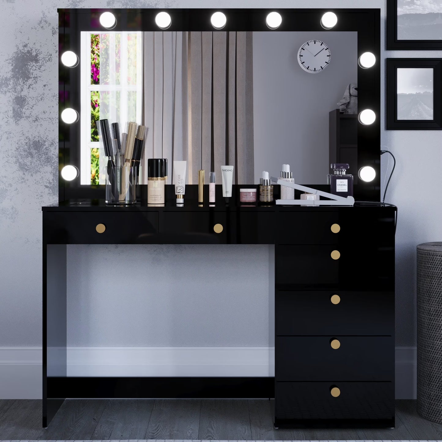 Ember Interiors Modern Large Greige Makeup Vanity Desk with Built-in Lights, Power Outlet with USB Type-C, Glass Top, 7 Drawers and Crystal Knobs