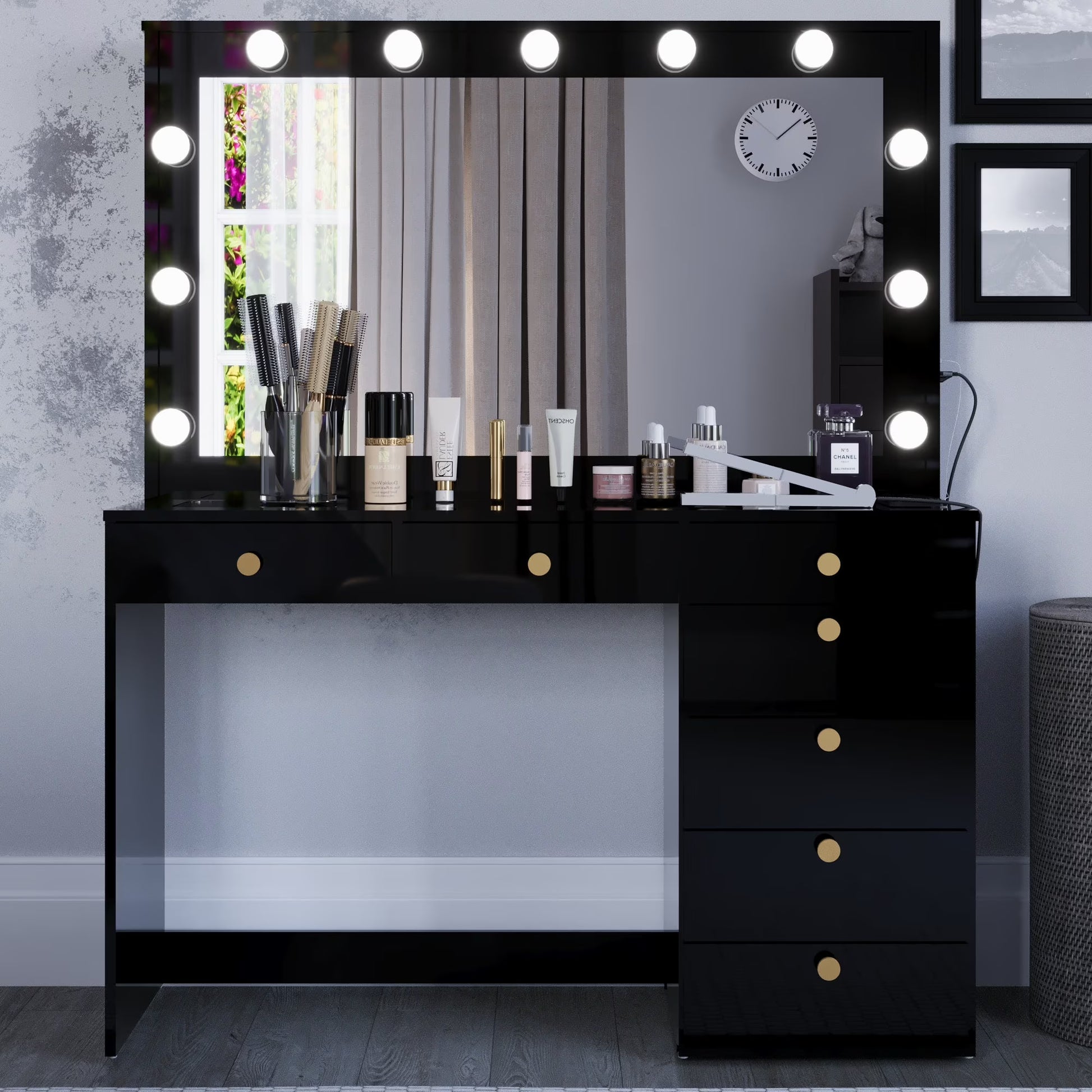 Ember Interiors Modern Large Greige Makeup Vanity Desk with Built-in Lights, Power Outlet with USB Type-C, Glass Top, 7 Drawers and Crystal Knobs