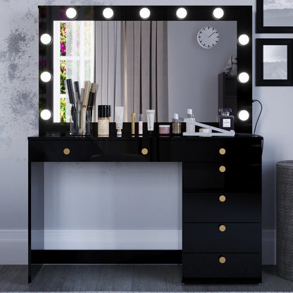 Ember Interiors Modern Large Greige Makeup Vanity Desk with Built-in Lights, Power Outlet with USB Type-C, Glass Top, 7 Drawers and Crystal Knobs