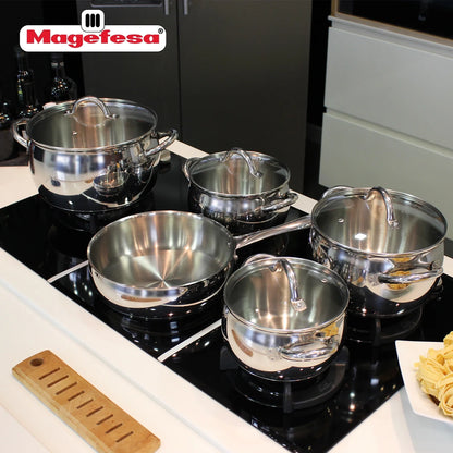 Magefesa Kuchen 9-Piece Stainless Steel Cookware Set, Includes Four Pots and a Frying Pan with Glass Lids and Ergonomic Handles, Suitable for All types of Stovetops including Induction