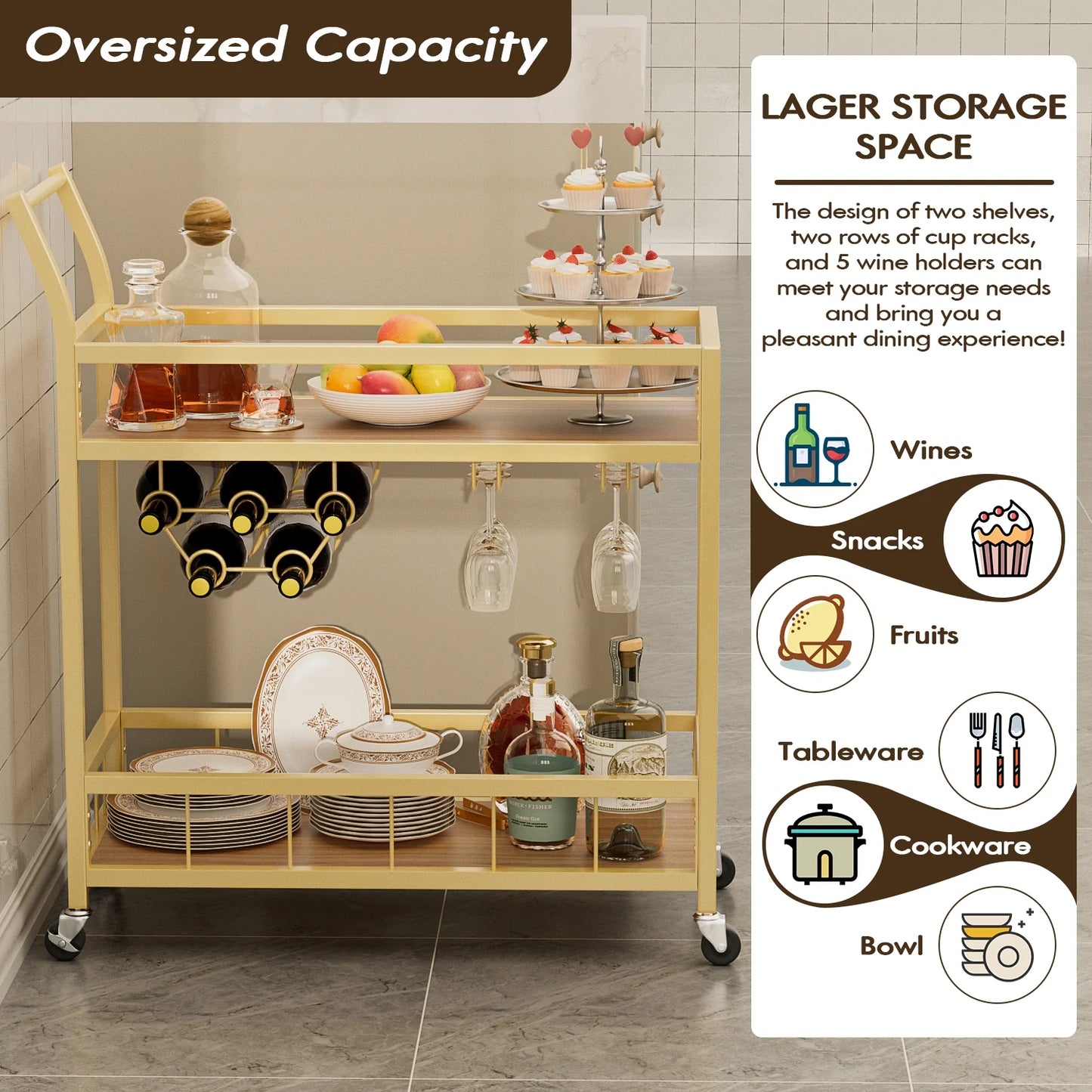 Vineego Bar Cart Home Industrial Mobile Bar Cart Serving Wine Cart on Wheels with Wine Rack and Glass Holder 2 Wood Storage Shelves for Living Room, Kitchen, Party (Gold)