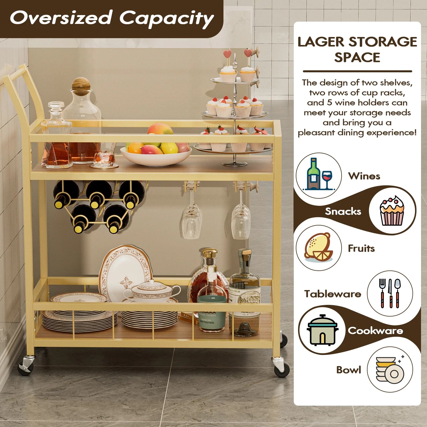 Vineego Bar Cart Home Industrial Mobile Bar Cart Serving Wine Cart on Wheels with Wine Rack and Glass Holder 2 Wood Storage Shelves for Living Room, Kitchen, Party (Gold)
