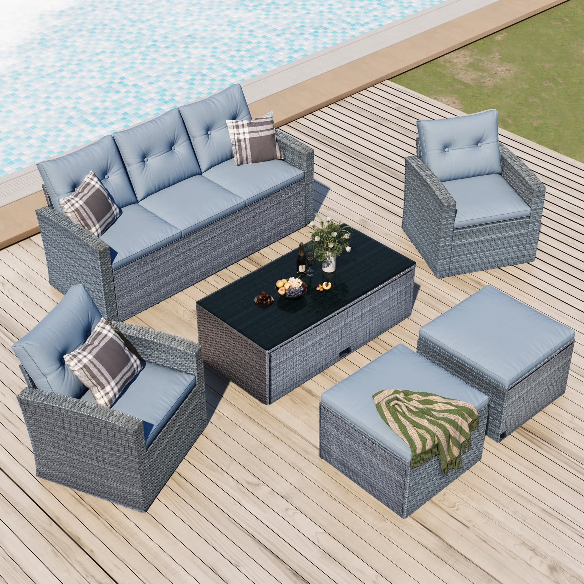 Highsound 6 Piece Patio Furniture Sets, All Weather PE Wicker Rattan Outdoor Sectional Sofa Conversation Couch with Glass Table, Cushions and Ottoman, for Lawn, Garden, Backyard, Beige