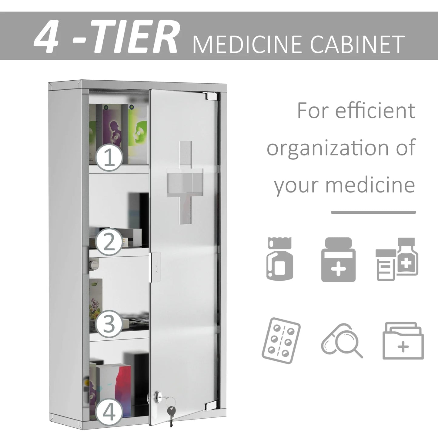 Wall Mounted Medicine Cabinet, with 4 Tier Shelves, Stainless Steel Frame and Glass Door