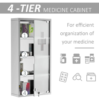 Wall Mounted Medicine Cabinet, with 4 Tier Shelves, Stainless Steel Frame and Glass Door