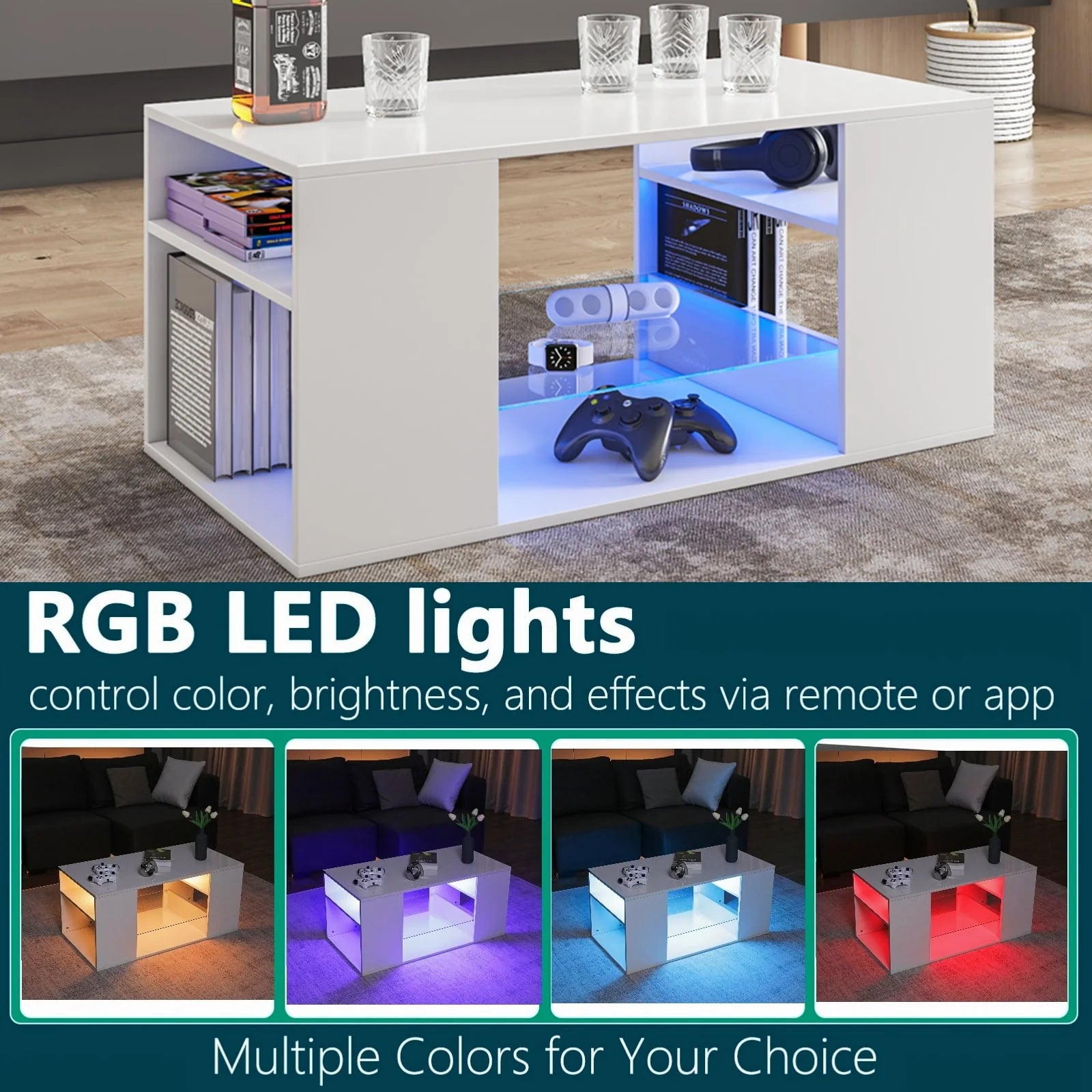 Hommpa LED Coffee Table with Glass Display Shelves for Living Room App and Remote Control LED Lights High Gloss Center Table Sofa Side Tables