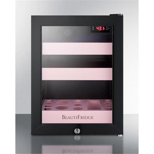 Summit Appliance 19.25 x 13.75 x 17.25 in. Beautifridge Cosmetics Refrigerator with Pink Shelving & Glass Door, Black