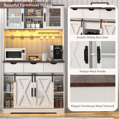 72" Tall Kitchen Pantry with LED Light & Power Outlet & Wine Rack, Large Pantry Hutch Cabinet with Sliding Barn Door & Glass Doors & 4 Drawers