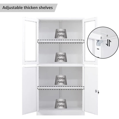 STANI Metal Cabinet with Lock, Tall Office Storage Cabinet with Glass Door, Lockable Black Steel Cabinet with 2 Adjustable Shelves for Home, Clinic, Pantry, Basement