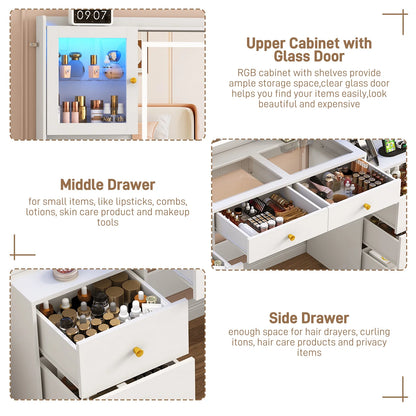 Blotout 62'' Large Vanity Desk w/60000-color LED Lights, Tempered Glass Top, Power Outlet, Makeup Vanity Table w/3 Lights Mode Mirror, 9 Drawers, 2 RGB Cabinets, LED Dressing Table for Girls, Women