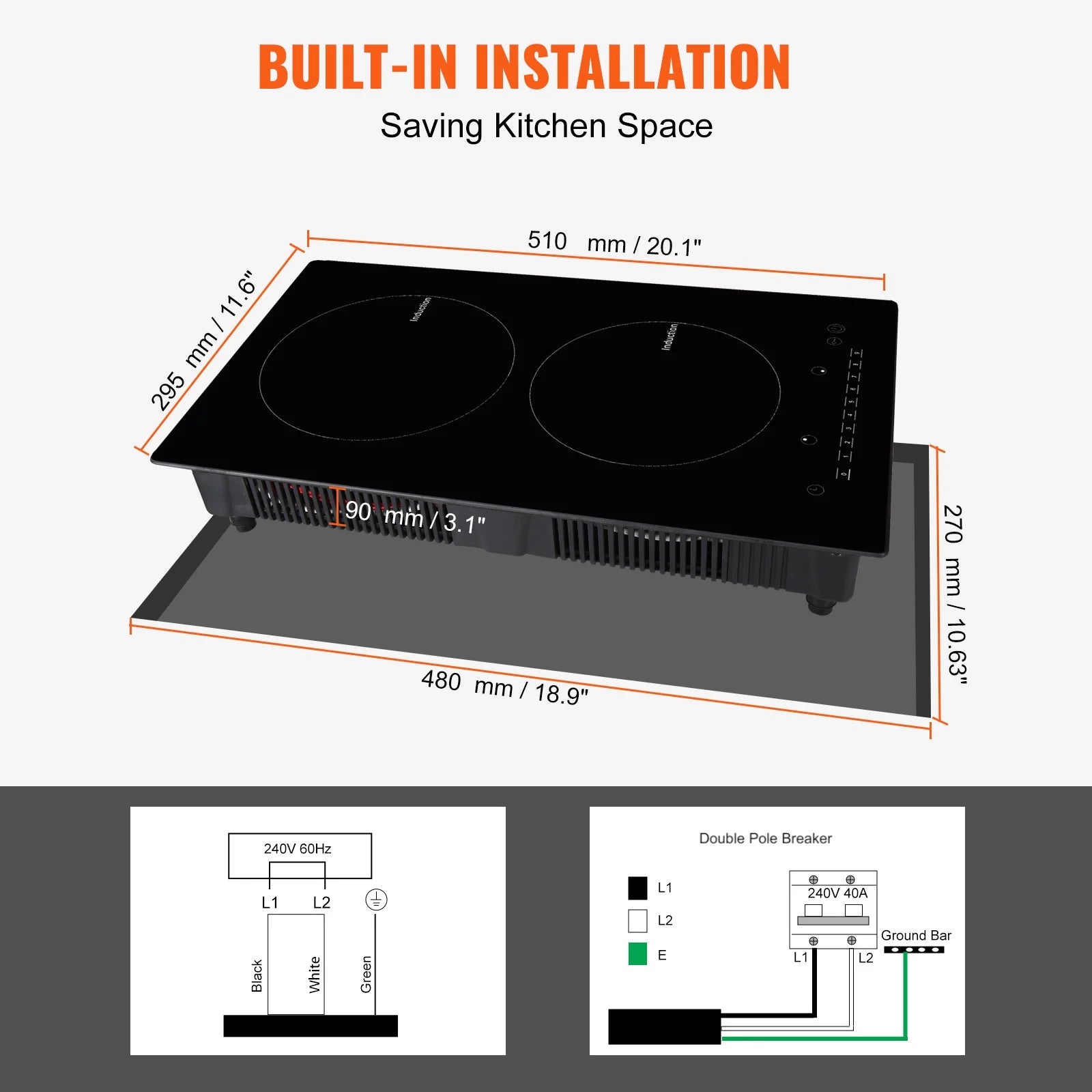 KFFKFF 12" Electric Cooktop, 1800W 2 Burners Ceramic Glass Stove Top Touch Control Built-in Magnetic Cooktop w/9 Heating Level Child Lock & Over-Temperature Protection