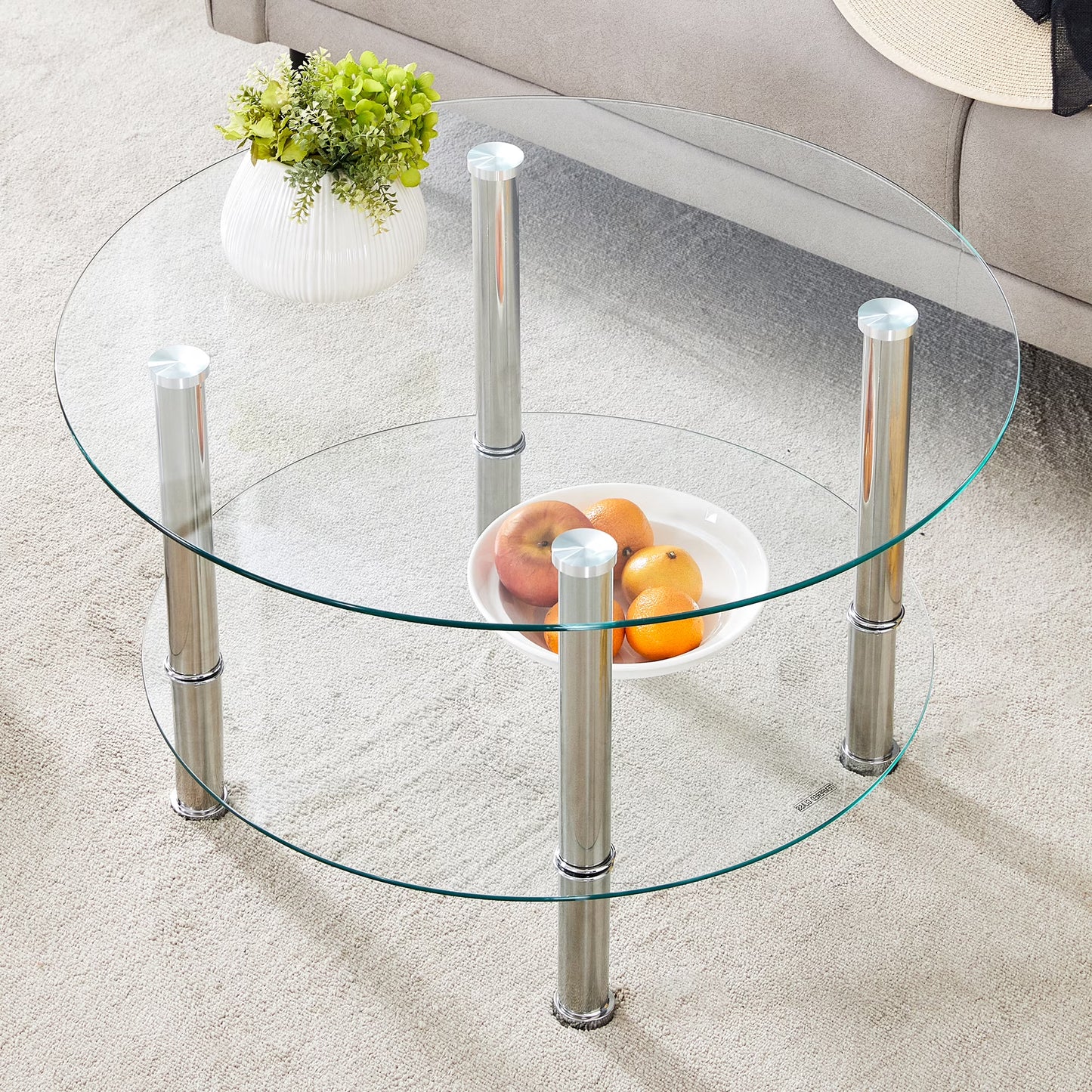 Coffee Tables Contemporary Minimalist Double Layer Tempered Glass Coffee Table - 27.5" Top and 23.6" Bottom.Reinforced Glass Tabletop,Stainless Steel Silver Plated Legs.,End Tables