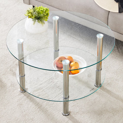 Coffee Tables Contemporary Minimalist Double Layer Tempered Glass Coffee Table - 27.5" Top and 23.6" Bottom.Reinforced Glass Tabletop,Stainless Steel Silver Plated Legs.,End Tables
