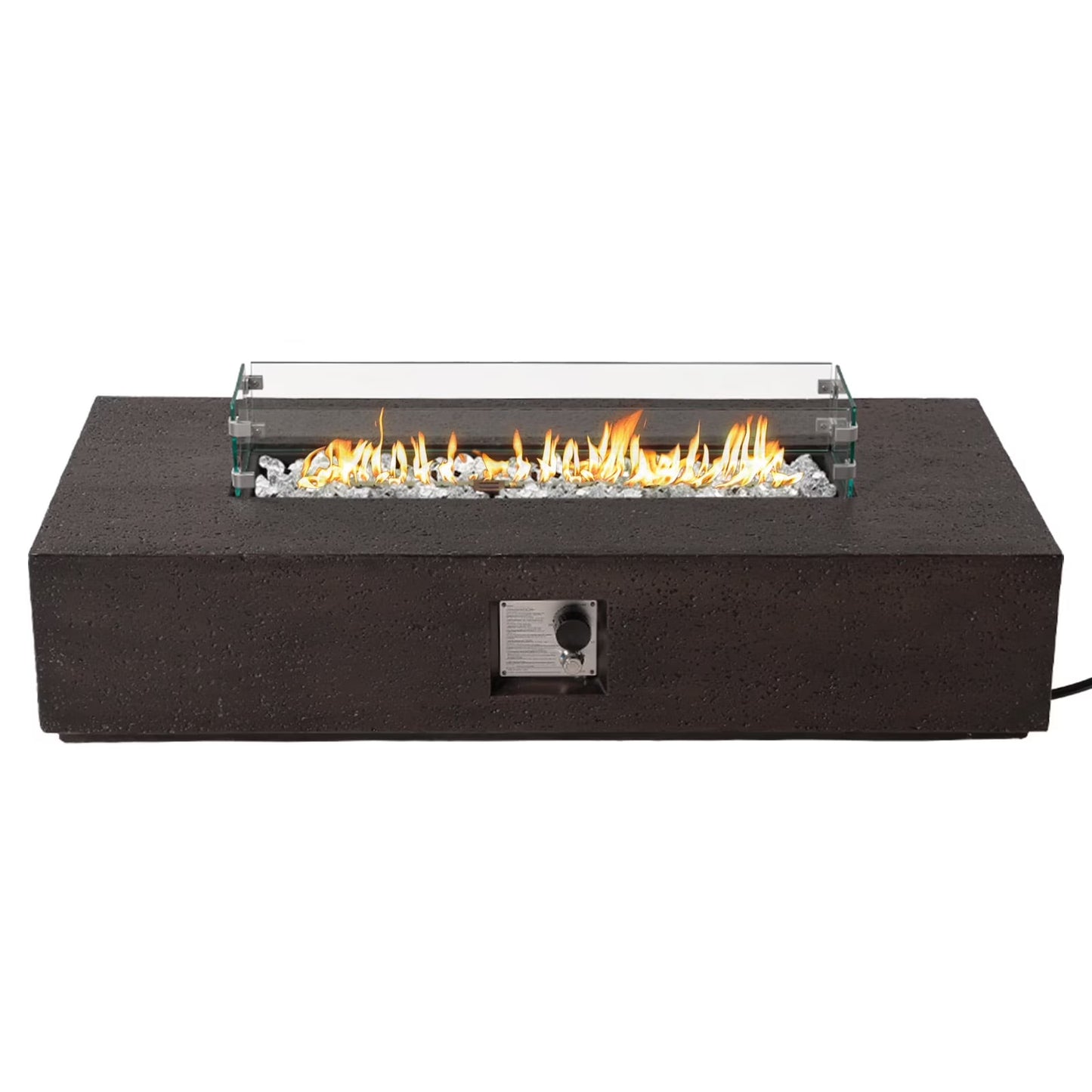 COSIEST Outdoor Rectangular Propane Fire Pit Table, Terrazzo White Concrete Finish, 50,000 BTU Stainless Steel Burner with Glass Wind Guard, Rain Cover