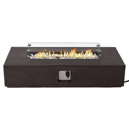 COSIEST Outdoor Rectangular Propane Fire Pit Table, Terrazzo White Concrete Finish, 50,000 BTU Stainless Steel Burner with Glass Wind Guard, Rain Cover
