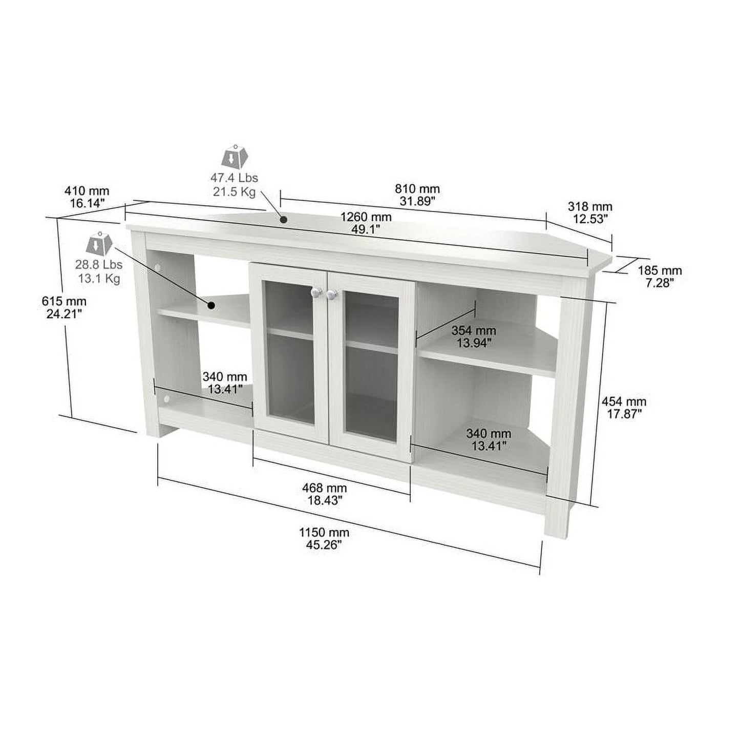 Inval Corner Laminate 60° TV Stand with Glass Doors, White