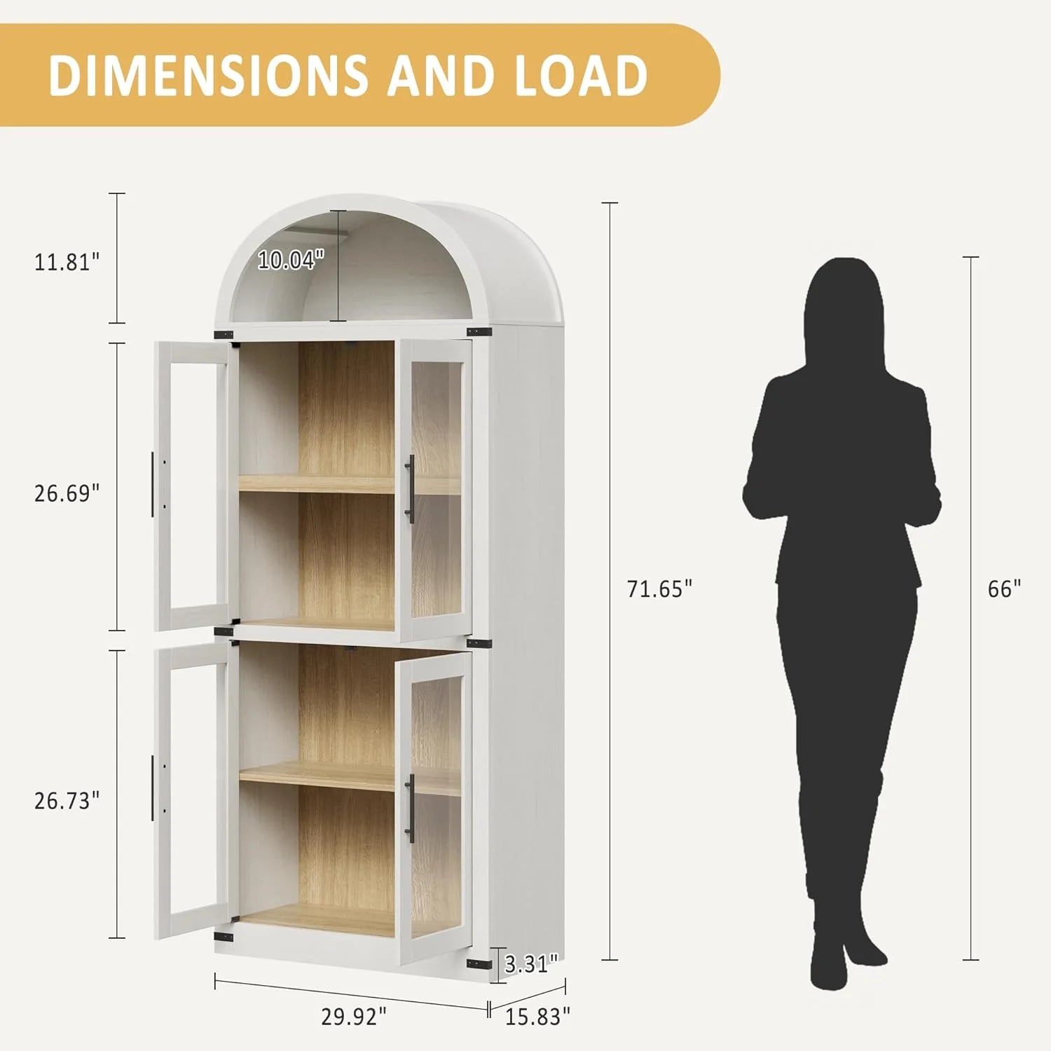 NEILA Arched Bookshelf with Doors - Glass Doors - 15.83 inches deep by 71.4 inches tall rustic ambiance premium wood display cabinet for living room, kitchen and office,Glass Door_Black