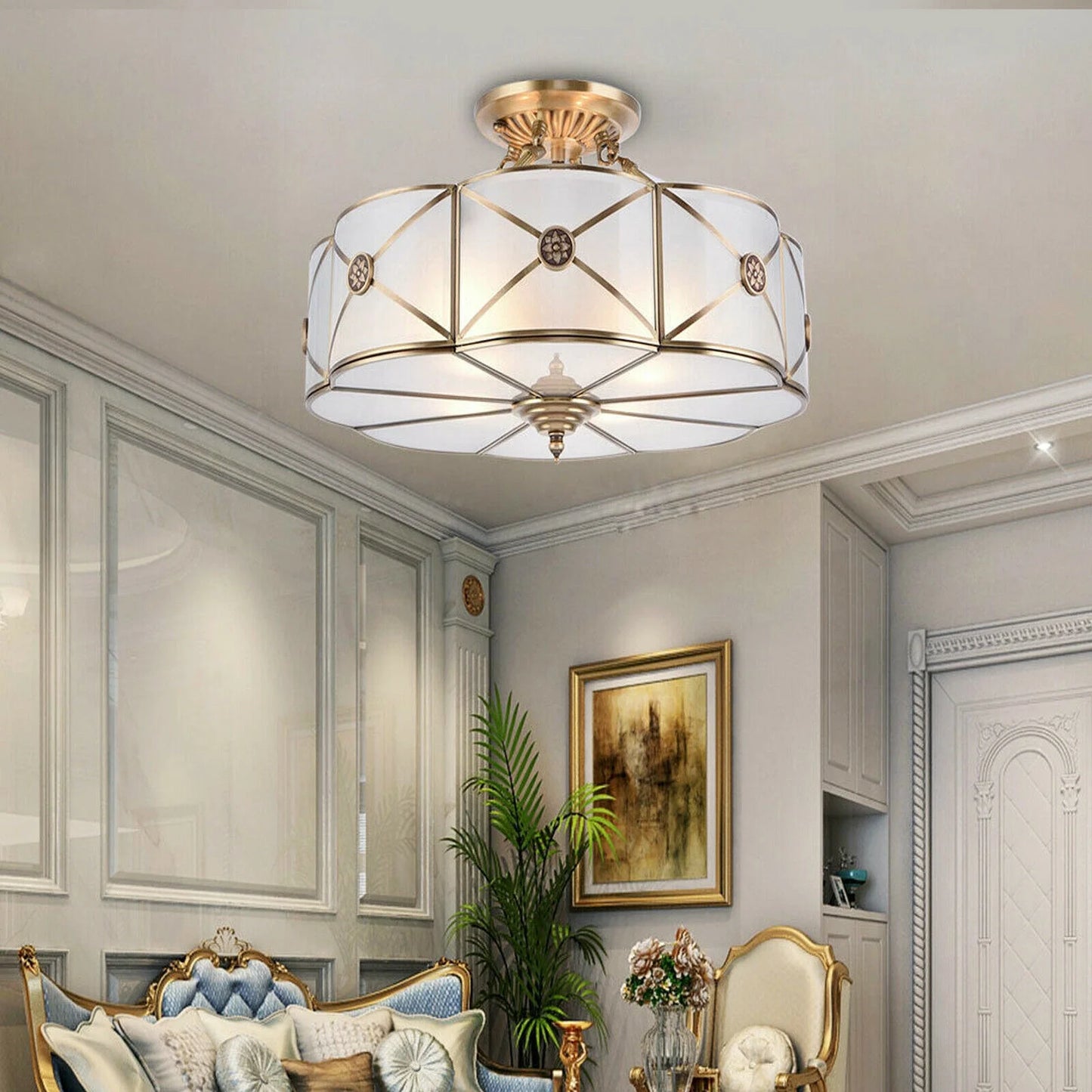 Miumaeov Semi Flush Mount Ceiling Light Fixture 4-Light White Drum Glass Boho Decor Bedroom Kitchen Dining Living Room Entry Foyer Hallway W 18'' X H12''