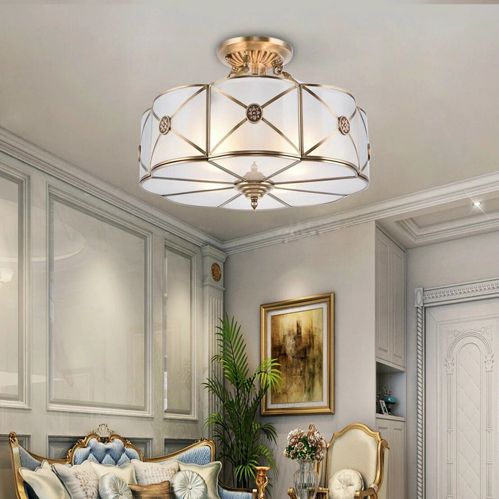Miumaeov Semi Flush Mount Ceiling Light Fixture 4-Light White Drum Glass Boho Decor Bedroom Kitchen Dining Living Room Entry Foyer Hallway W 18'' X H12''