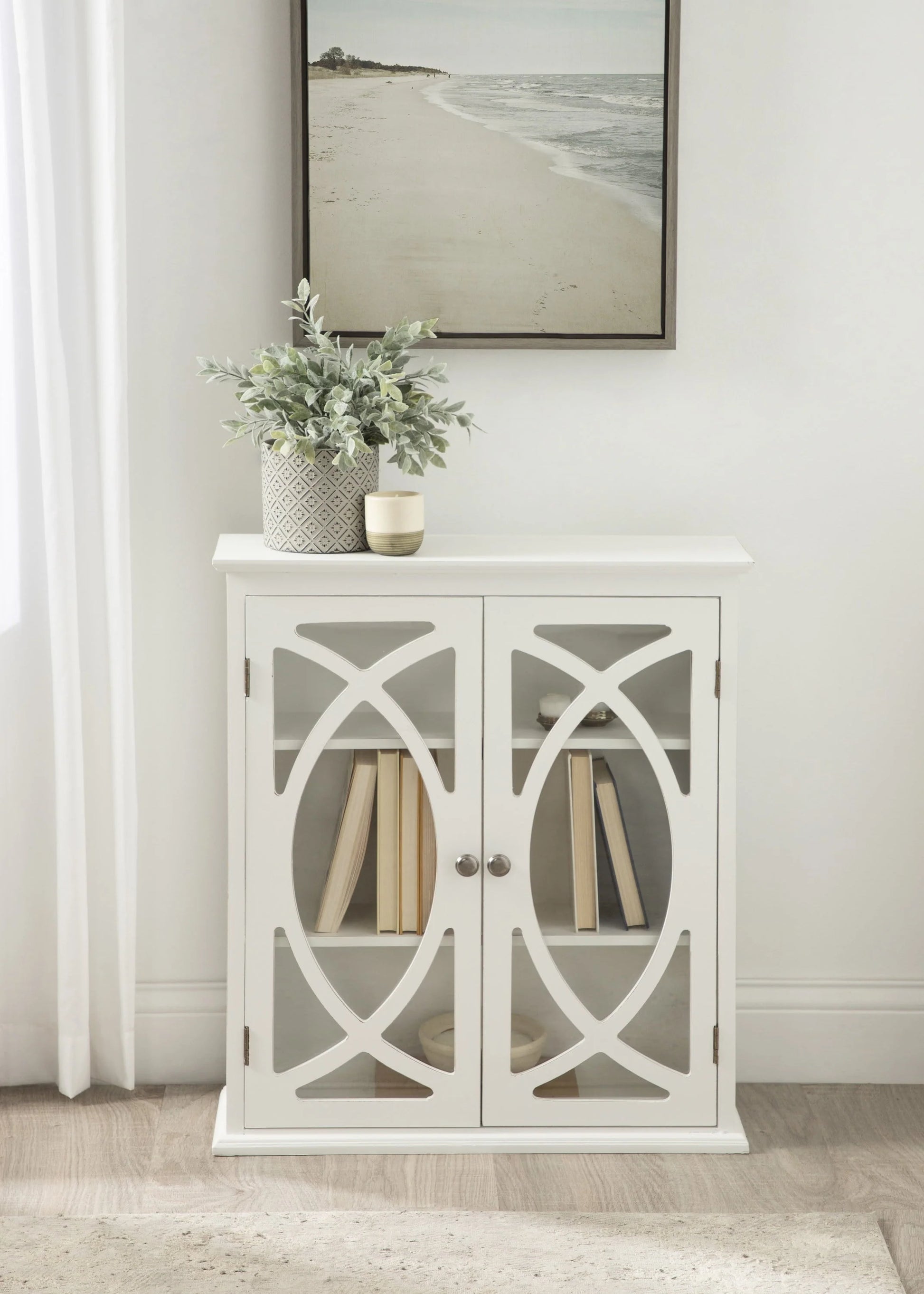 Kate and Laurel Quinlan Wood Wall Cabinet, 24 x 8 x 28, White, Decorative Traditional Storage Cabinet with Two Glass Doors and Three Interior Shelves