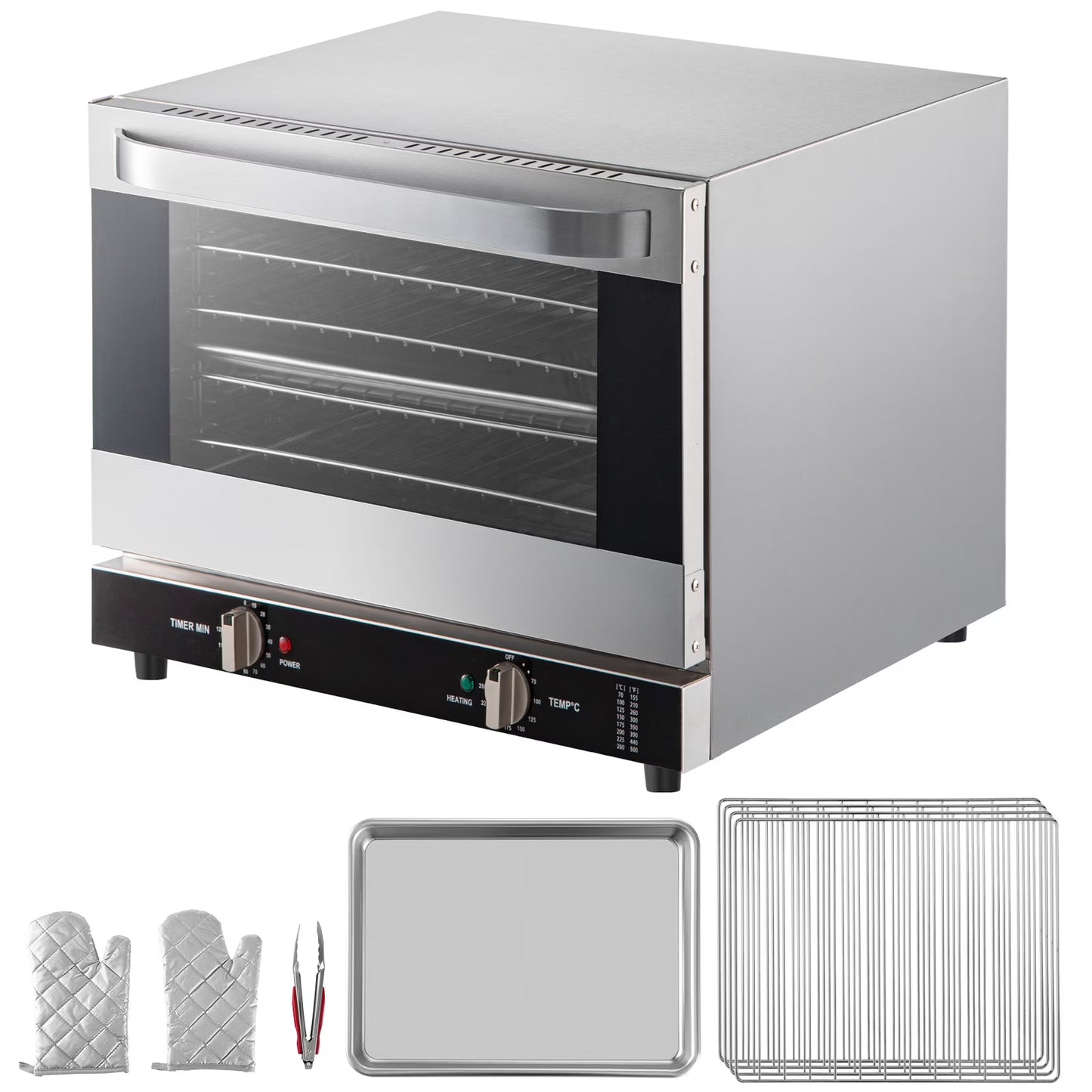 VEVOR Commercial Convection Oven,21L/19Qt,Quarter-Size Conventional Oven Countertop,1440W 3-Tier Toaster with Front Glass Door,Electric Baking Oven with Trays Wire Racks Clip Gloves
