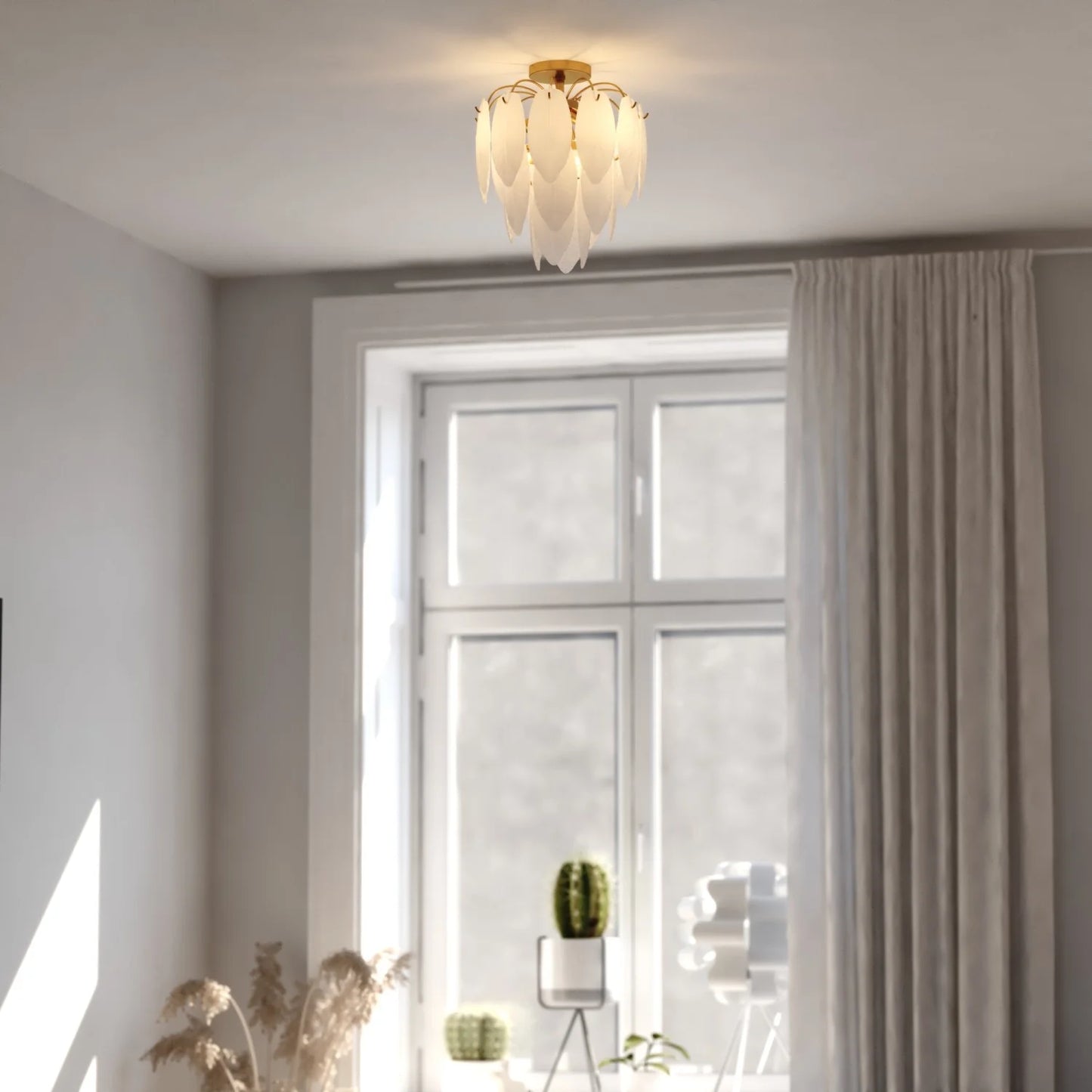 Burbank 4-Light 13.5 in. Wide Muted Gold Brass Traditional Waterfall Semi Flush Mount Lighting Fixture, White Frosted Leaf Glass Shade, Dimmable LED Compatible for Low Ceilings