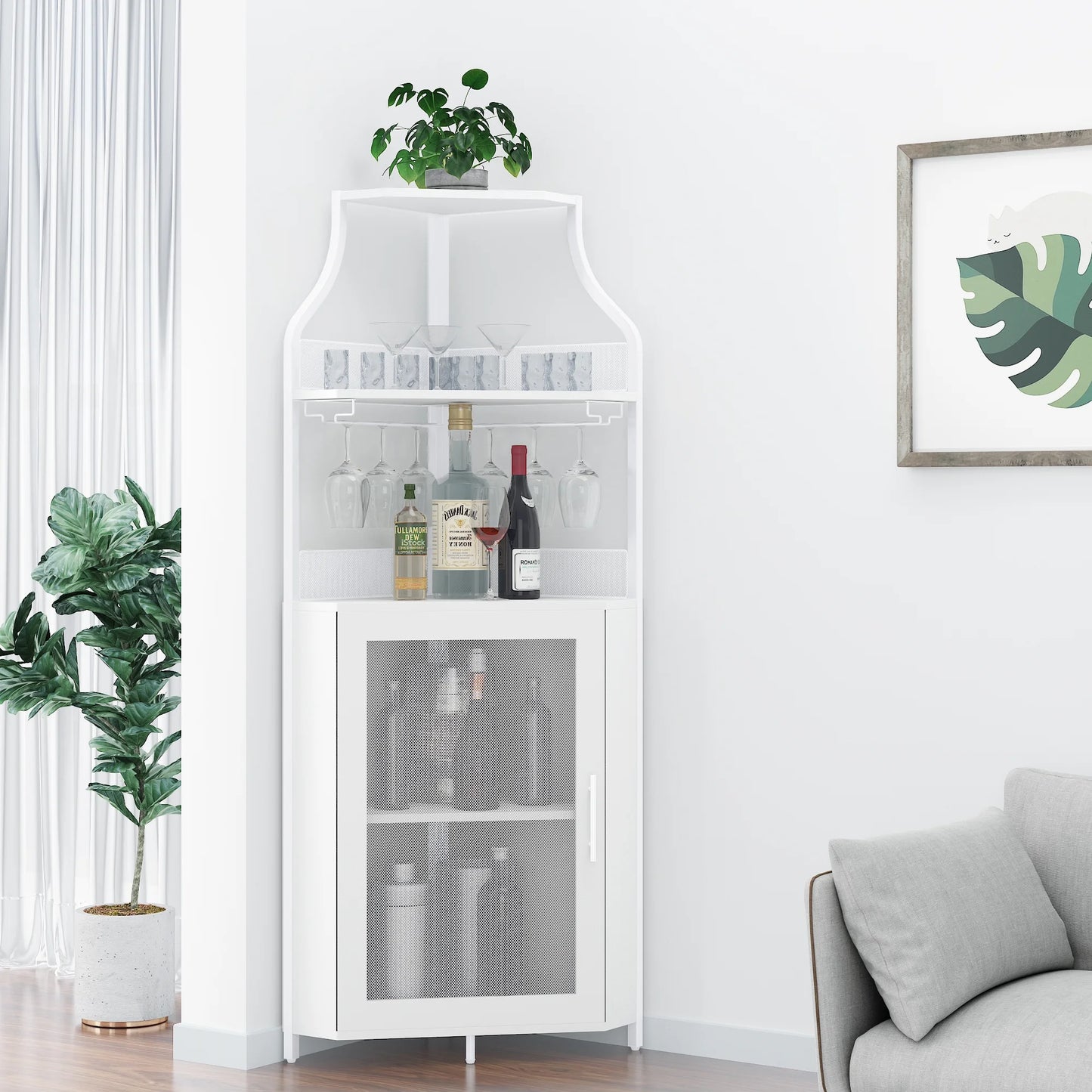 Joyspirit Farmhouse Corner Wine Cabinet, Rustic White Liquor and Coffee Bar Cabinet with Removable Wine Rack, Glass Holder, Mesh Door, and Adjustable Shelves.