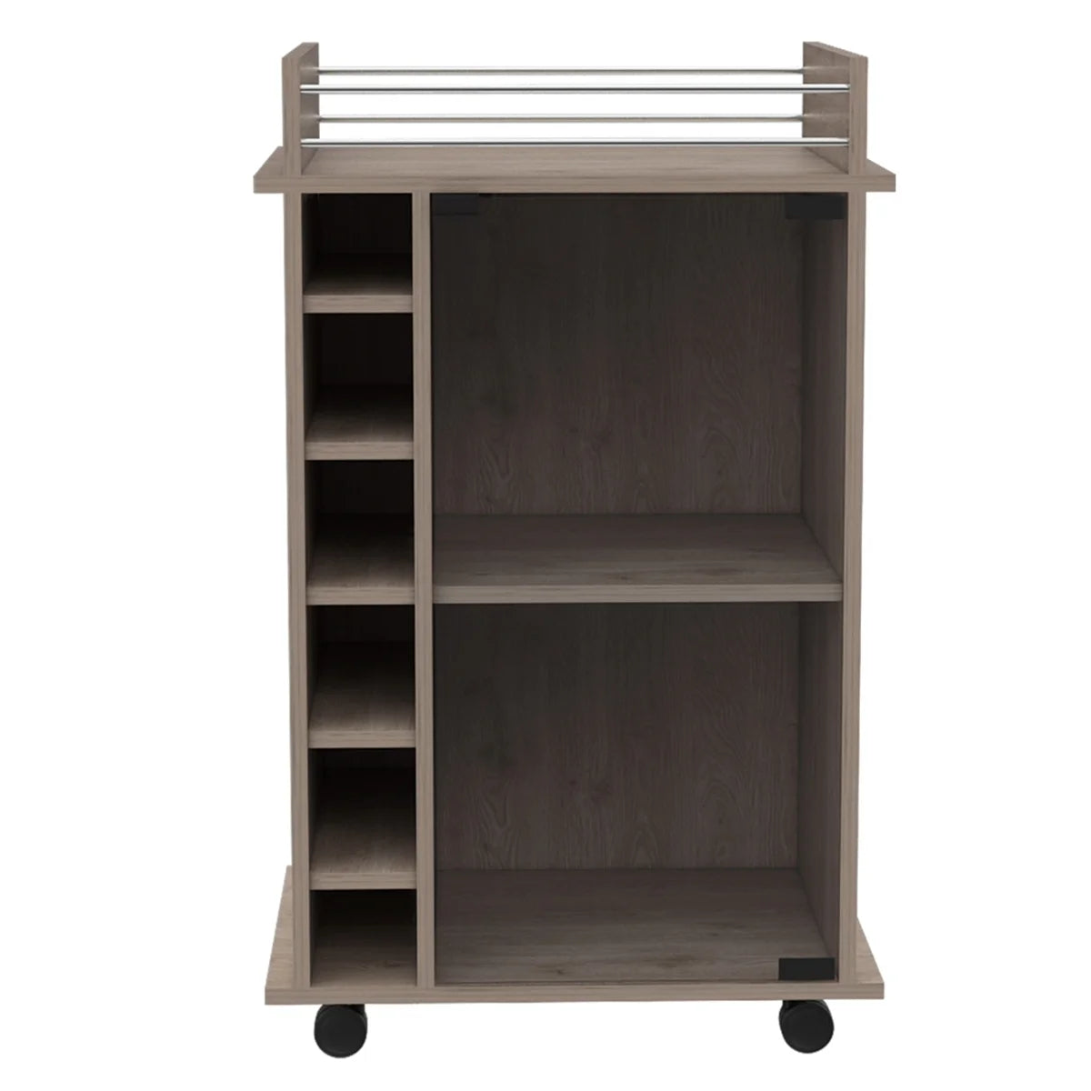 32" H carbon espresso bar-coffee cart, Kitchen or living room cabinet storage with with 4 wheels, with 6 bottle racks, a central shelf covered by 1 glass door, 1 support surface with aluminum front.