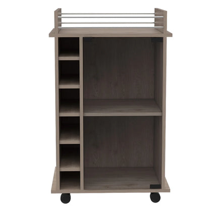 32" H carbon espresso bar-coffee cart, Kitchen or living room cabinet storage with with 4 wheels, with 6 bottle racks, a central shelf covered by 1 glass door, 1 support surface with aluminum front.