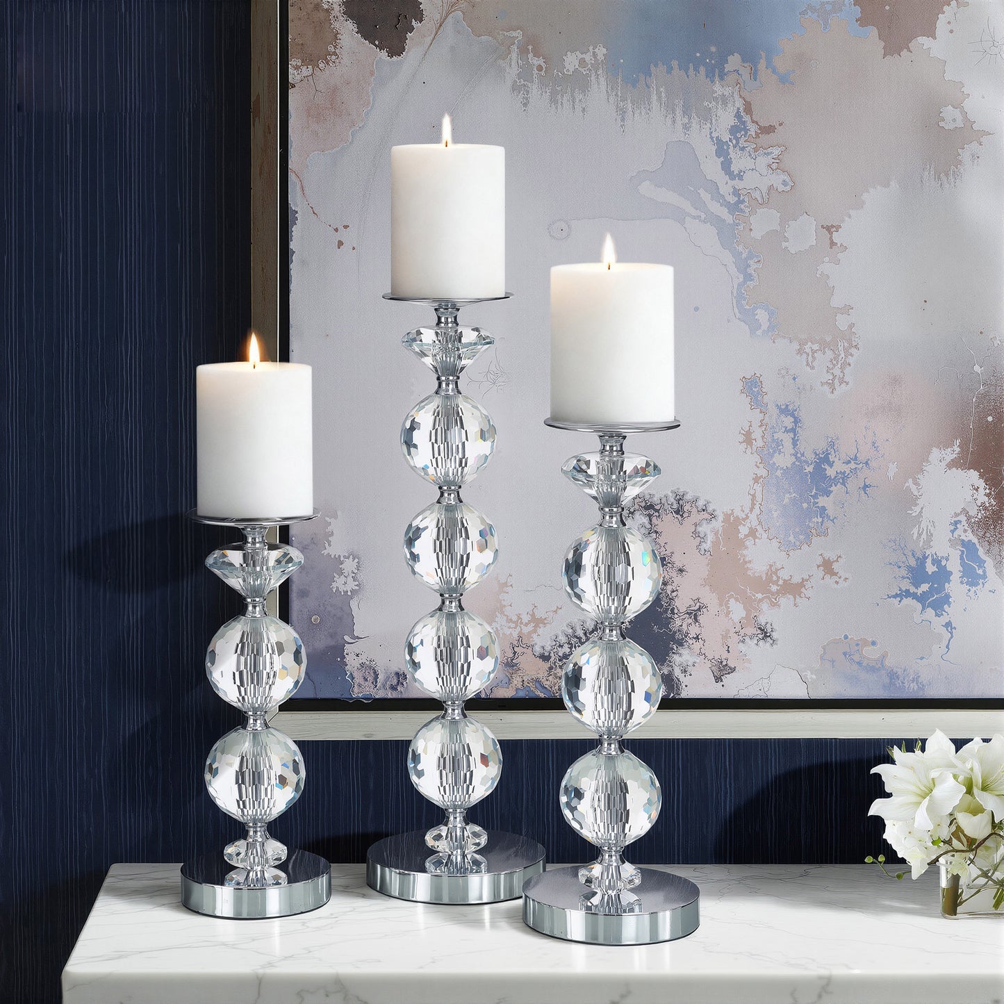 Chrome Finish Crystal Glass Pillar Candleholders, Set of 3