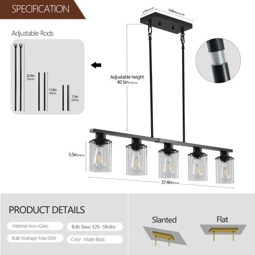 ACE-LIGHTS,Modern Industrial 5-Light Chandelier with Clear Glass Shades(Bulbs Not Included),Hanging Ceiling Light Fixture for Living Room,Dining Room,Kitchen Island(Black)