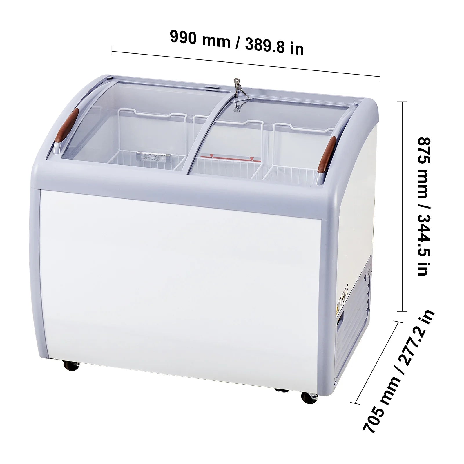 KFFKFF Professional Ice Cream Showcase, 9.3 Cubic Feet Storage Freezer, Portable Transparent Lid Deep Freezer, Eatery Sorbet Serving Cabinet,3 Metal Baskets, Dual Slide Glass Doors, Lockable Wheels