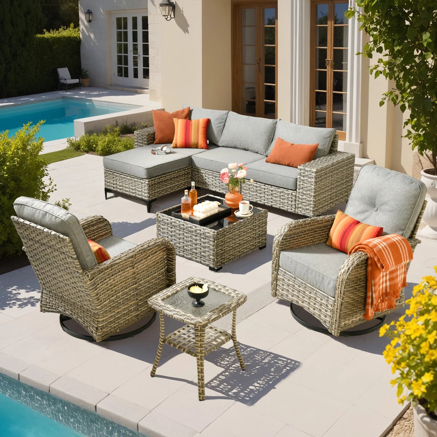 Ovios 8 Pieces Wicker Patio Furniture Sets Outdoor Conversation Sectional Sofa with Swivel Chairs & Glass Coffee Table